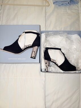 ANTONIO MELANI Black Suede Cutout Pump with Snake-Print Block Heel